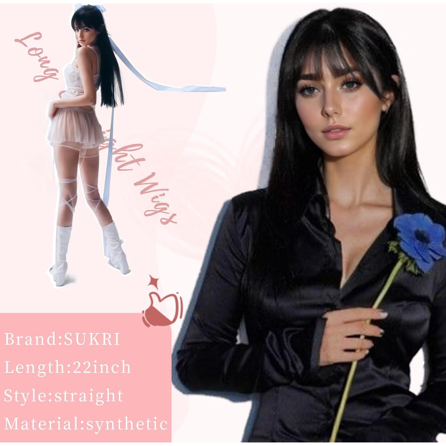 Peluca Negra Larga SUKRI 55.88 cm con Flequillo Sintética