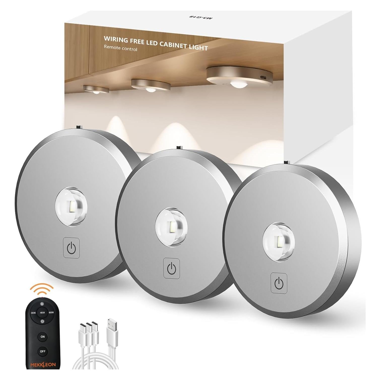 Luces Puck LED Recargables MEKKLEON 3 Pcs Control Remoto