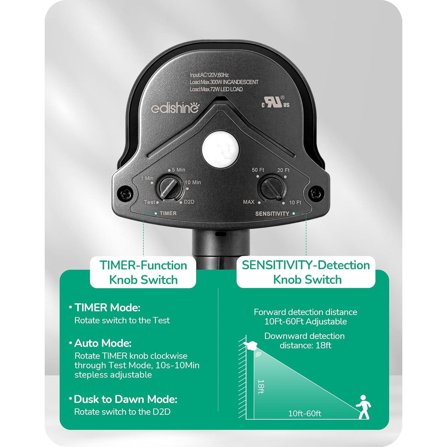 Sensor de Movimiento EDISHINE 240°/360° 18.3m Negro