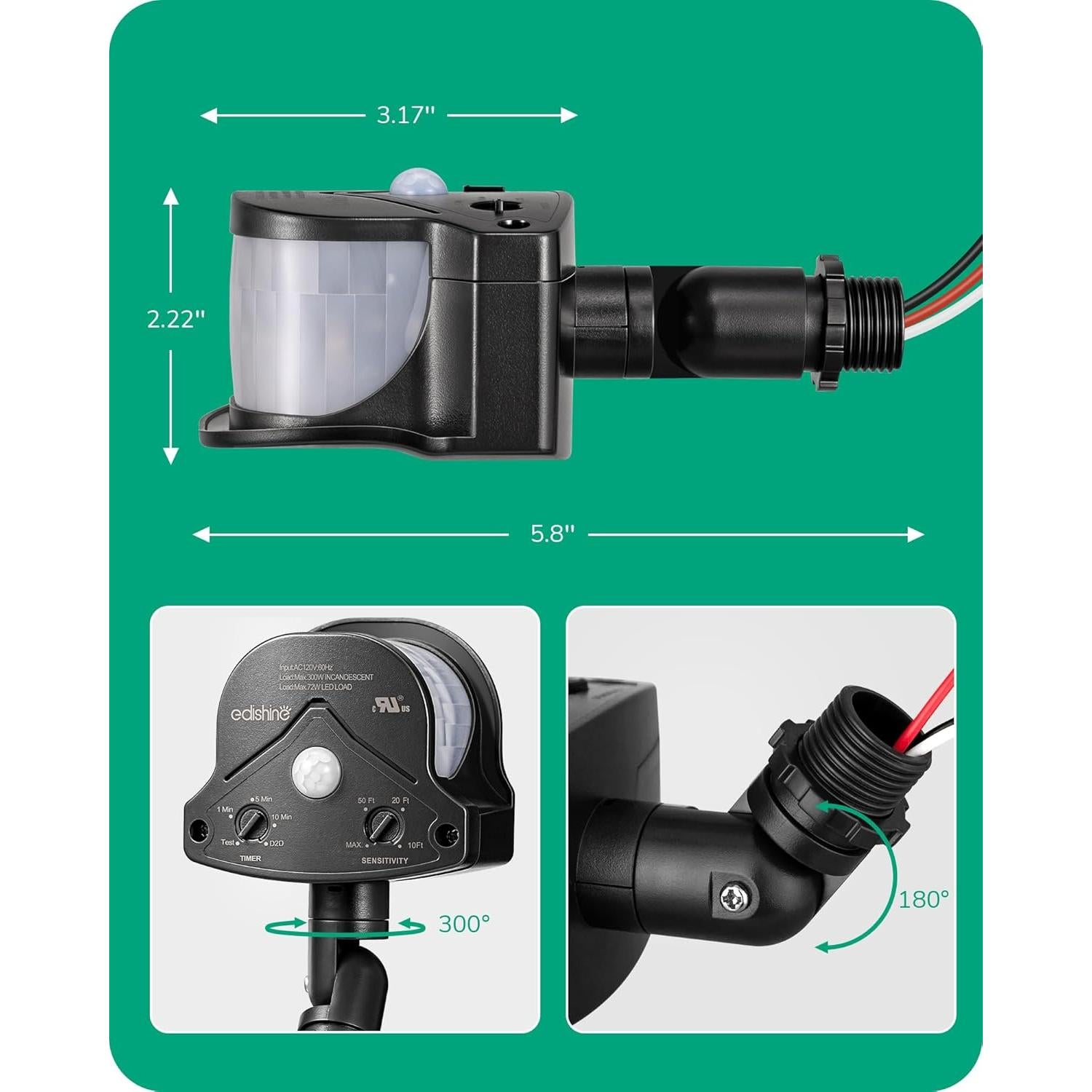 Sensor de Movimiento EDISHINE 240°/360° 18.3m Negro