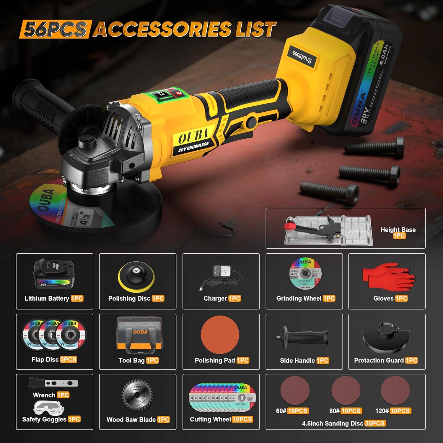 Amoladora Angular Inalámbrica OUBA 20V 3 Velocidades LED 4.5"