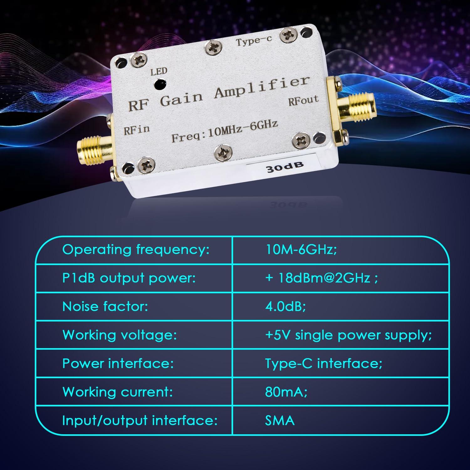 RF Gain Amplifier 10M‑6GHZ 30DB High Flatness Low Noise LNA Ham Radio Amplifier for FM Radio, Signal Amplification DC 5V Powered