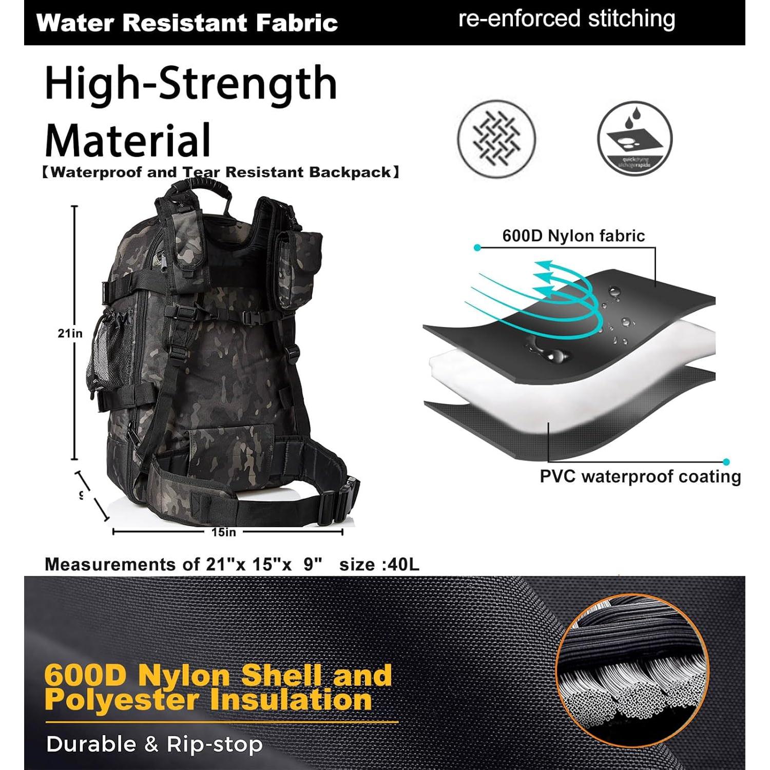 Mochila táctica Camo Negro 40L para senderismo y viaje