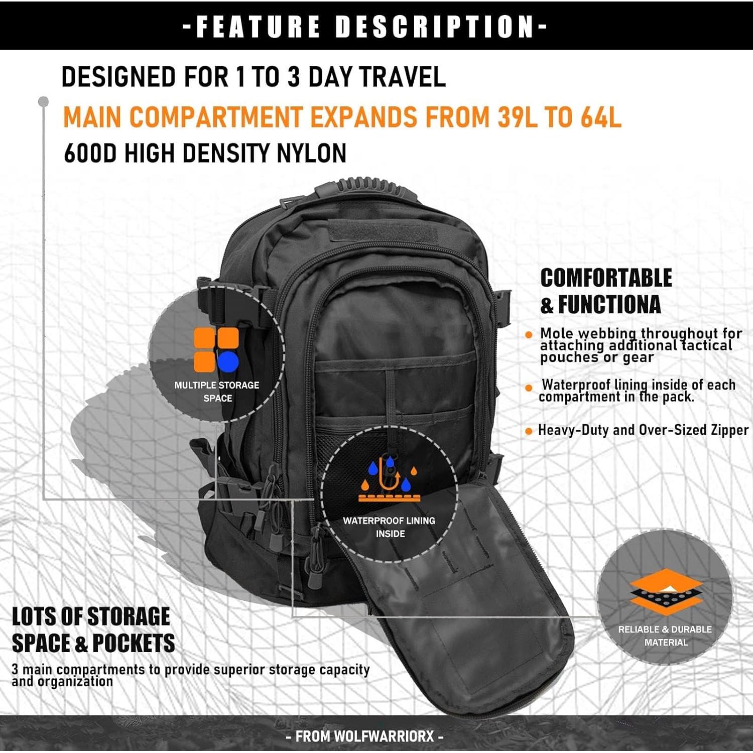 Mochila táctica Camo Negro 40L para senderismo y viaje