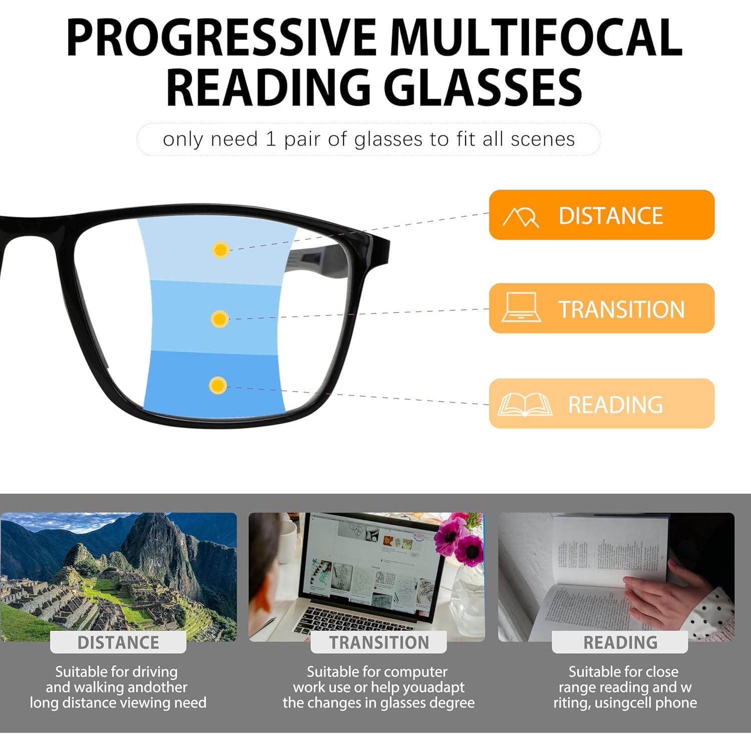 Gafas de lectura multifocal progresivas TR90 UV400 negras