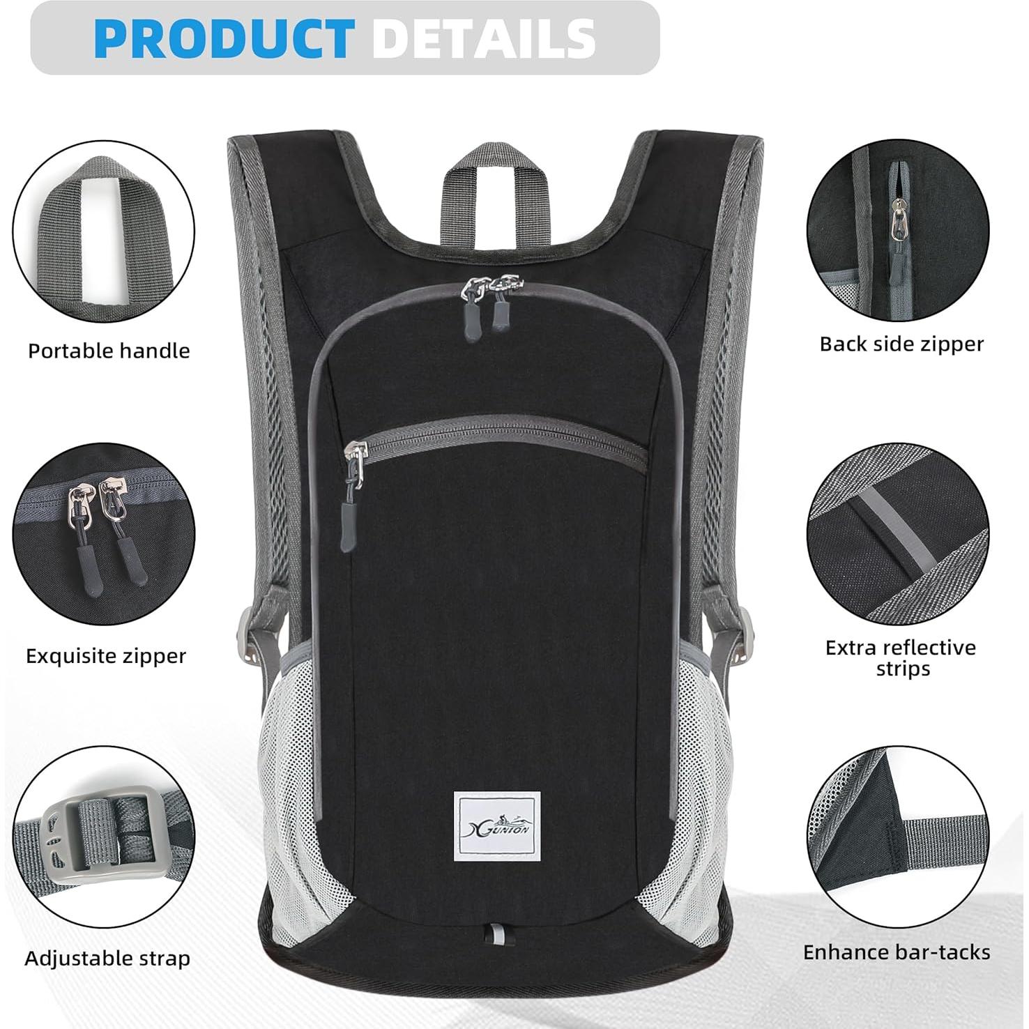 Mochila Plegable Ligera XGUNION 10L para Senderismo Negro