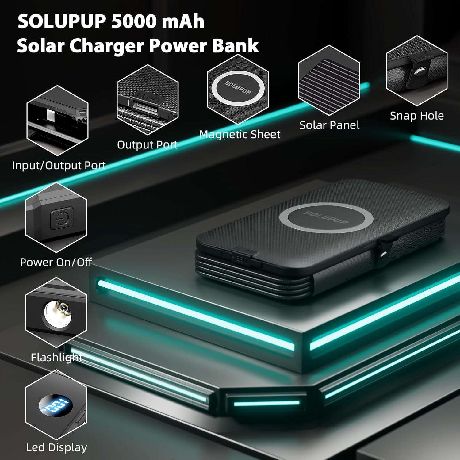 Banco de Energía Solar 5000mAh SOLUPUP Carga Rápida IPX5