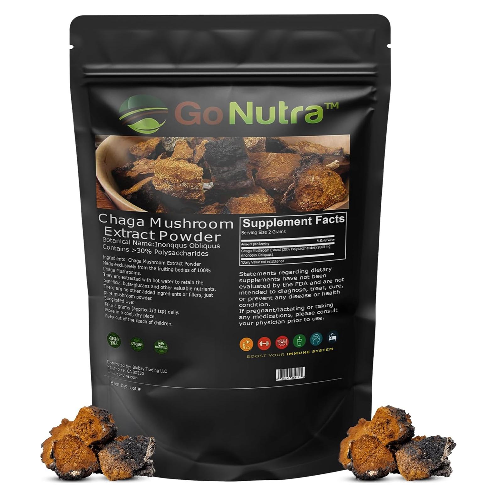 Go Nutra Polvo de Hongo Chaga 113g | Extracto 10:1 | 30% Polisacáridos