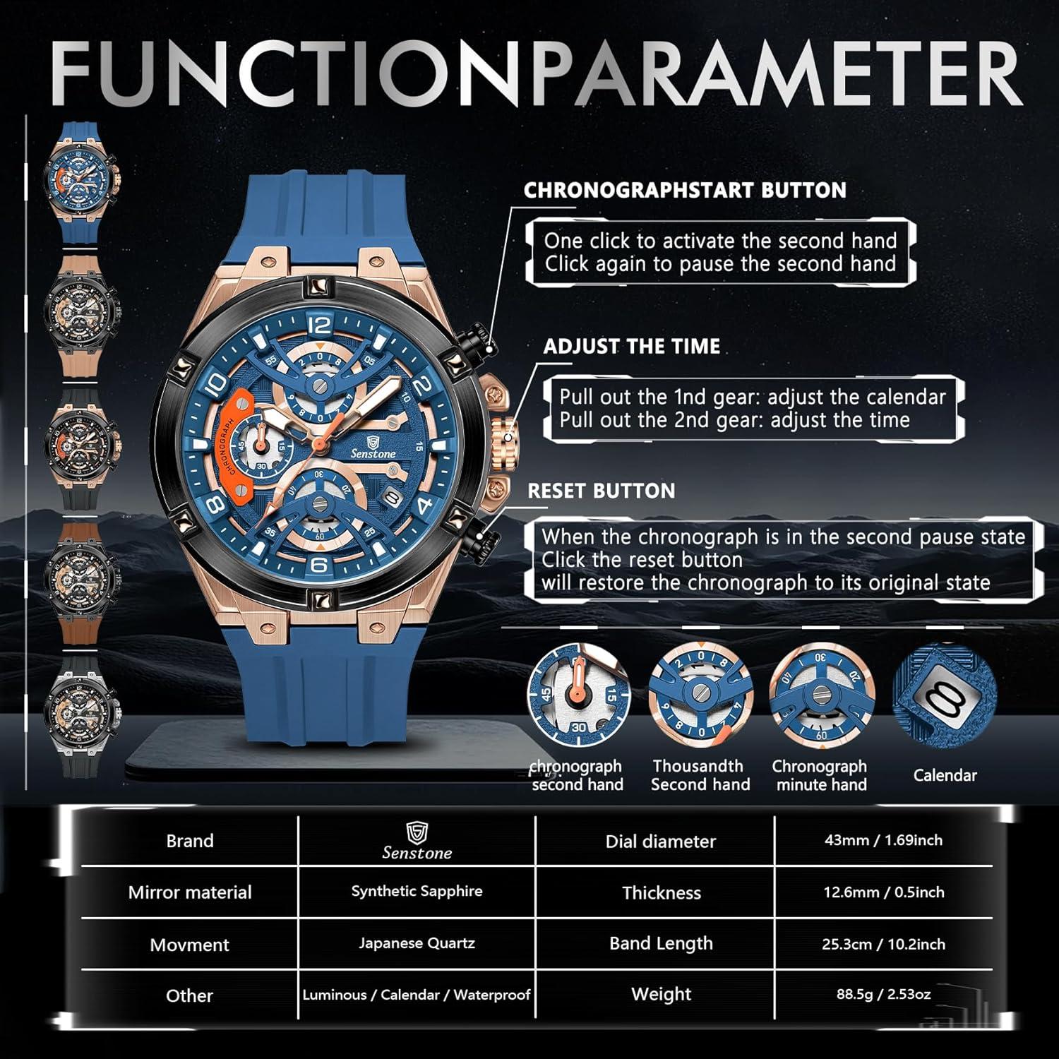 Reloj deportivo Senstone hombre azul cronógrafo resistente al agua