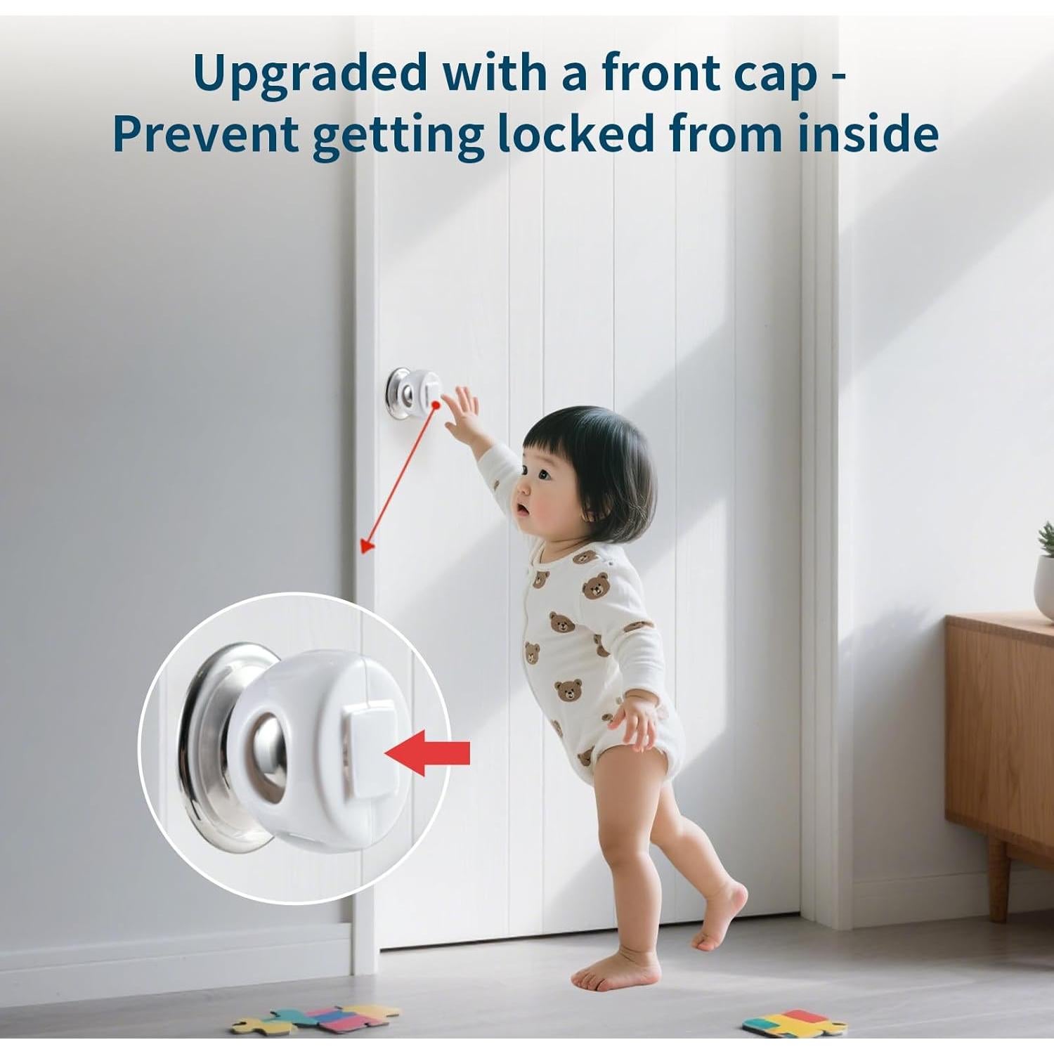 Inaya Door Knob Safety Cover for Kids with Lock Cap (4 Pack) – Child Proof Door Knob Covers for Baby Proofing – Door Locks for Kids Safety, Fits Most Round Handles, Easy to Install, White