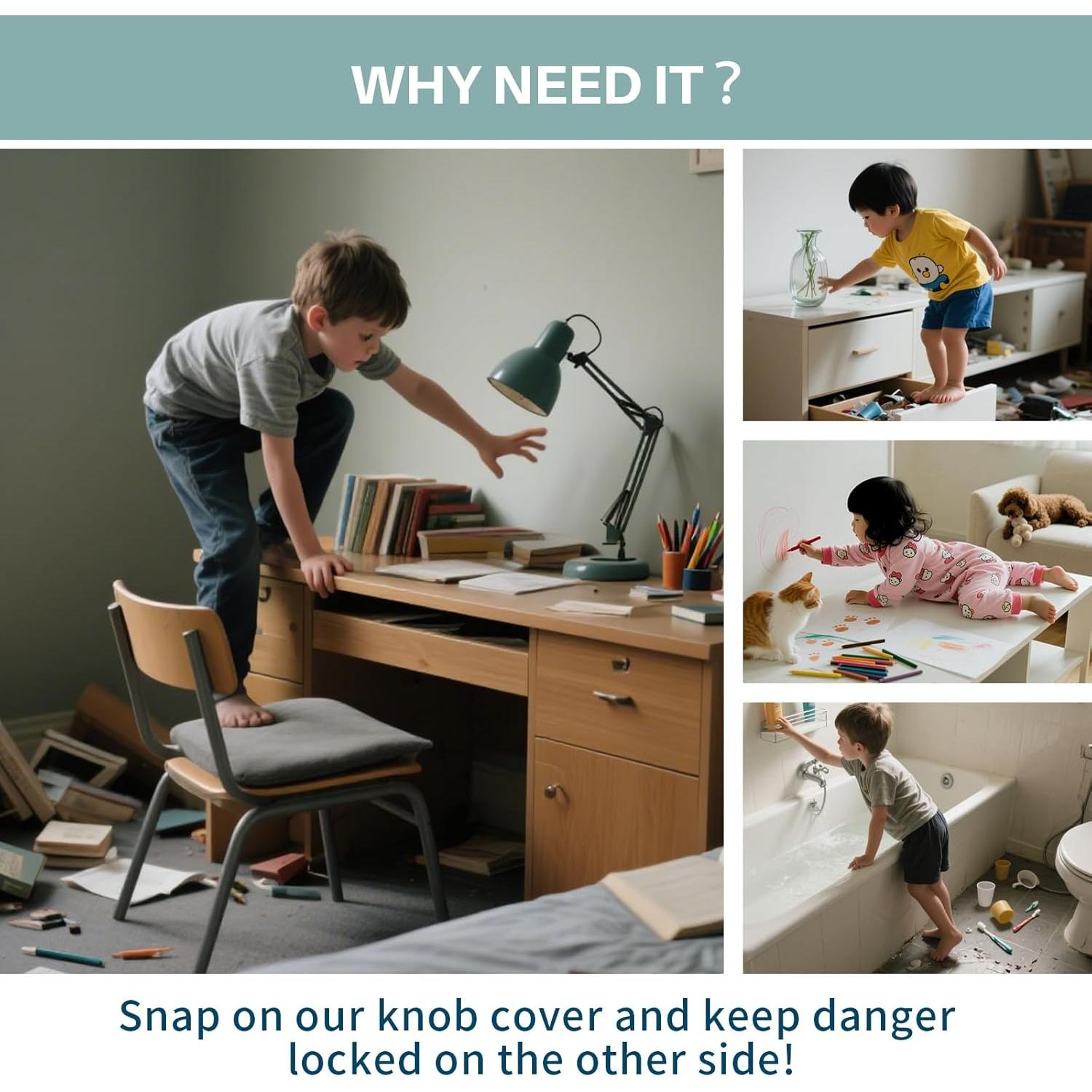 Inaya Door Knob Safety Cover for Kids with Lock Cap (4 Pack) – Child Proof Door Knob Covers for Baby Proofing – Door Locks for Kids Safety, Fits Most Round Handles, Easy to Install, White