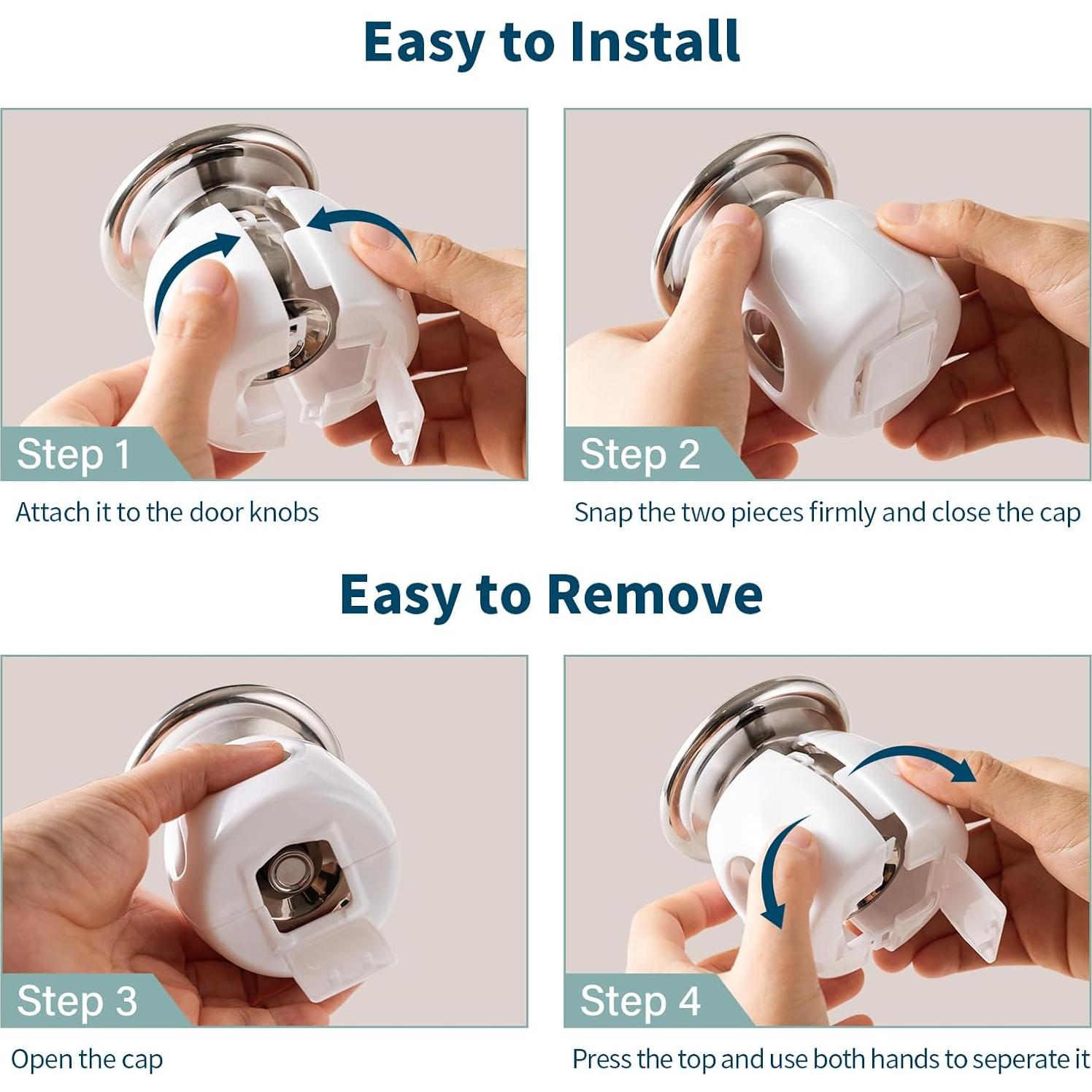 Inaya Door Knob Safety Cover for Kids with Lock Cap (4 Pack) – Child Proof Door Knob Covers for Baby Proofing – Door Locks for Kids Safety, Fits Most Round Handles, Easy to Install, White