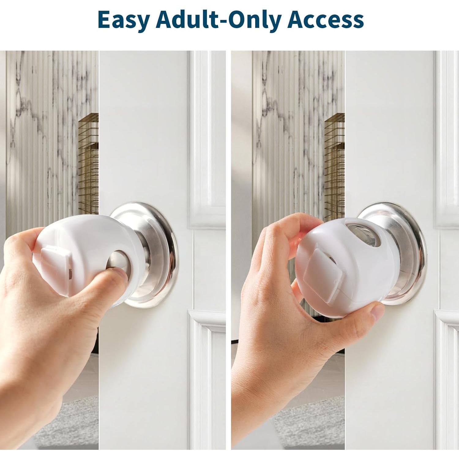 Inaya Door Knob Safety Cover for Kids with Lock Cap (4 Pack) – Child Proof Door Knob Covers for Baby Proofing – Door Locks for Kids Safety, Fits Most Round Handles, Easy to Install, White