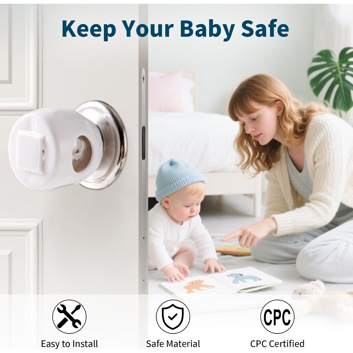 Inaya Door Knob Safety Cover for Kids with Lock Cap (4 Pack) – Child Proof Door Knob Covers for Baby Proofing – Door Locks for Kids Safety, Fits Most Round Handles, Easy to Install, White