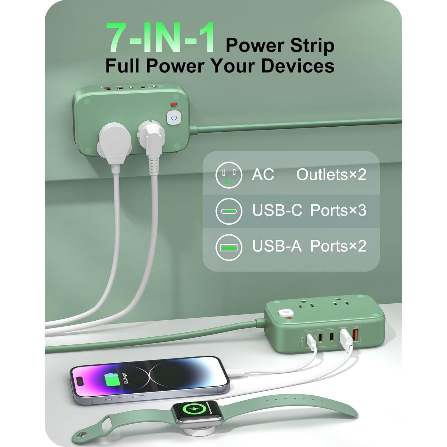 Regleta de Carga USB KWRNVO 7-en-1 PD 20W 2500W Verde