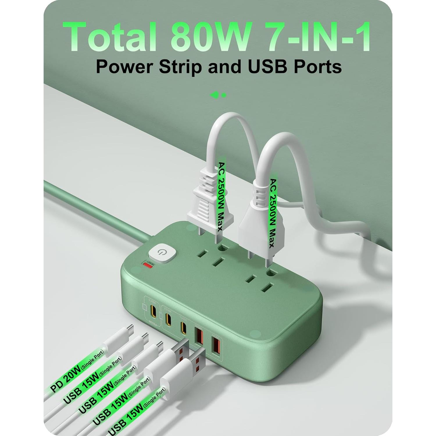 Regleta de Carga USB KWRNVO 7-en-1 PD 20W 2500W Verde