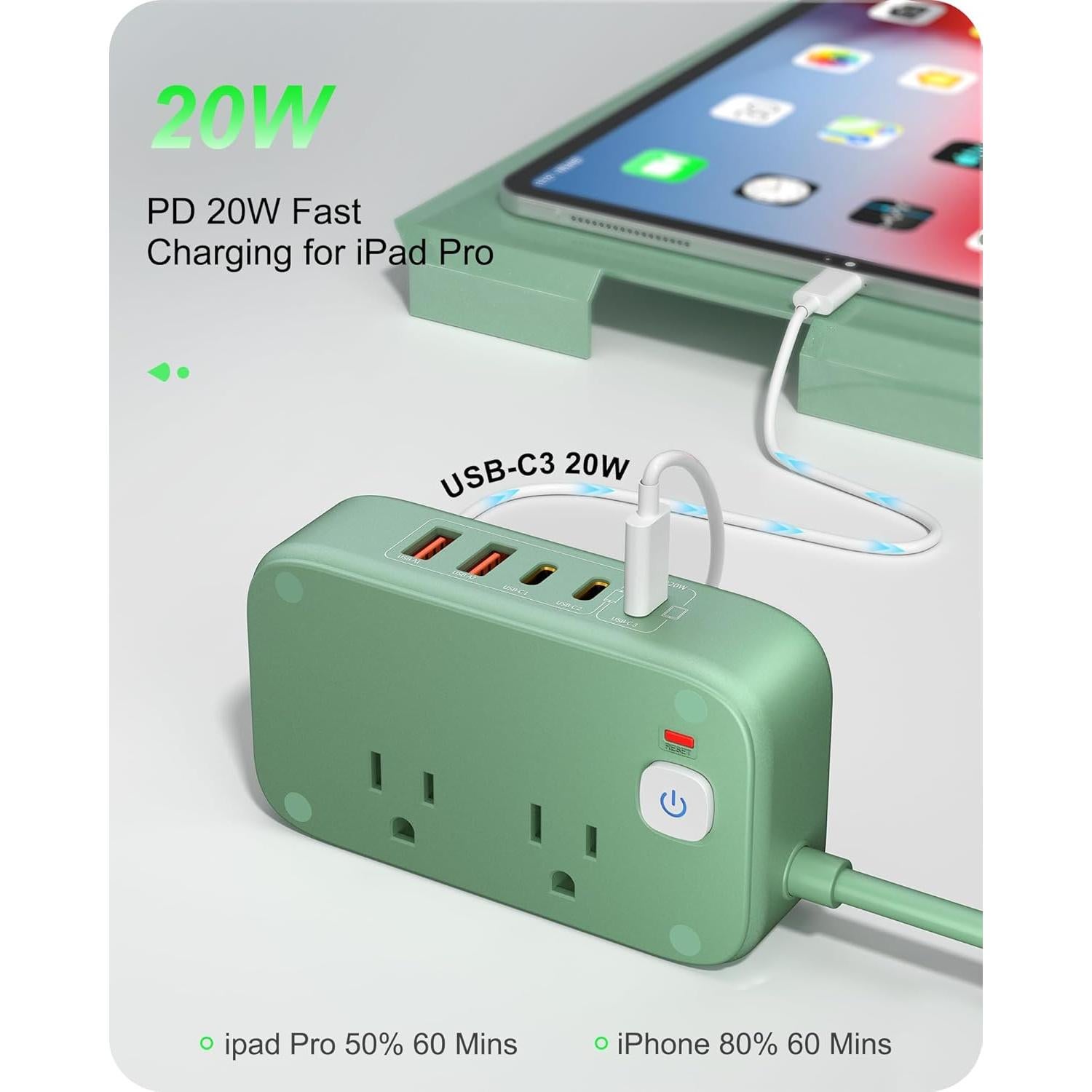 Regleta de Carga USB KWRNVO 7-en-1 PD 20W 2500W Verde