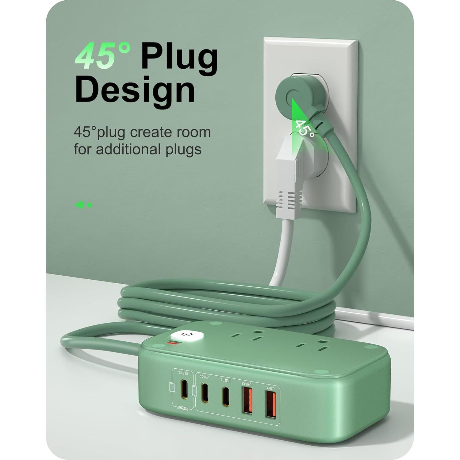 Regleta de Carga USB KWRNVO 7-en-1 PD 20W 2500W Verde