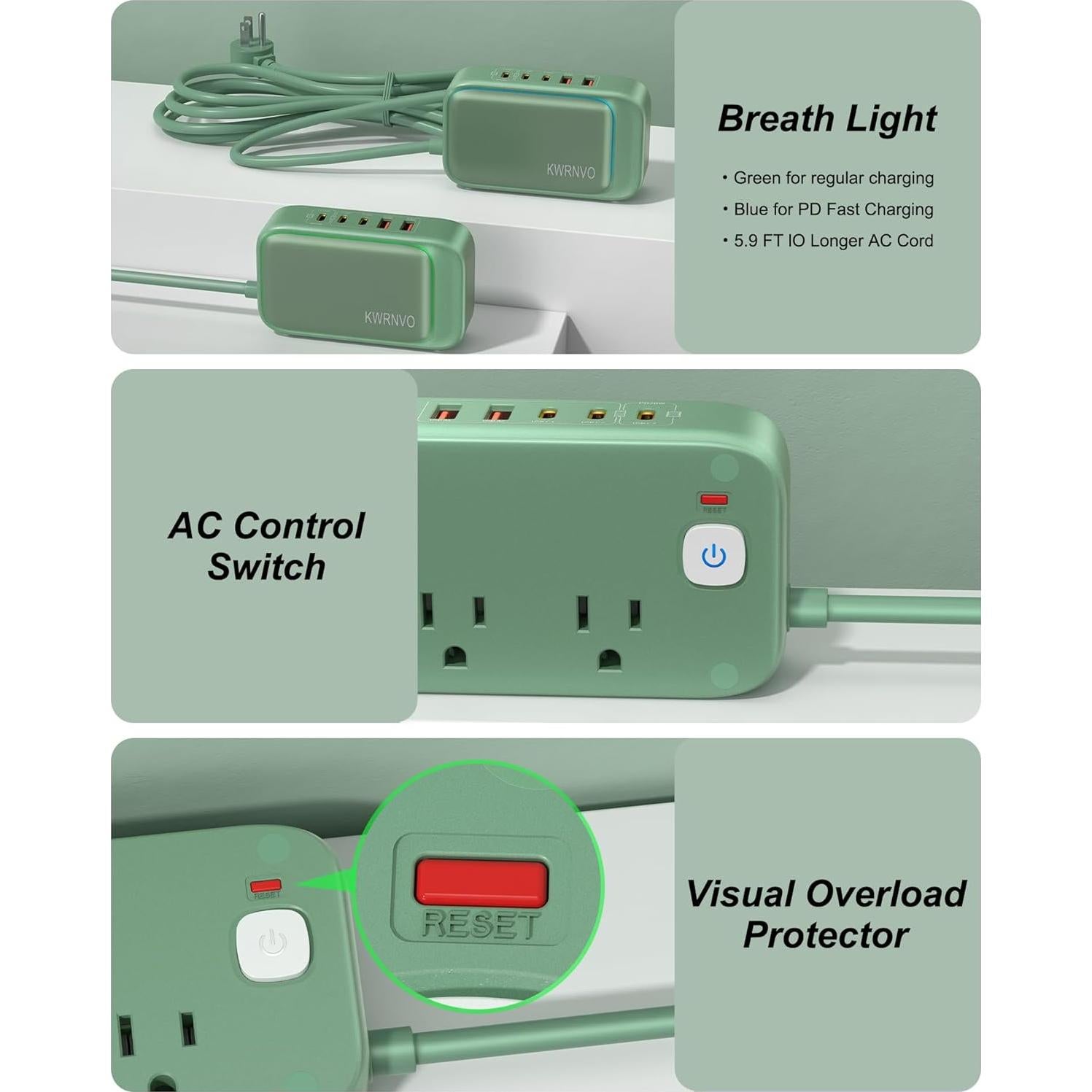 Regleta de Carga USB KWRNVO 7-en-1 PD 20W 2500W Verde