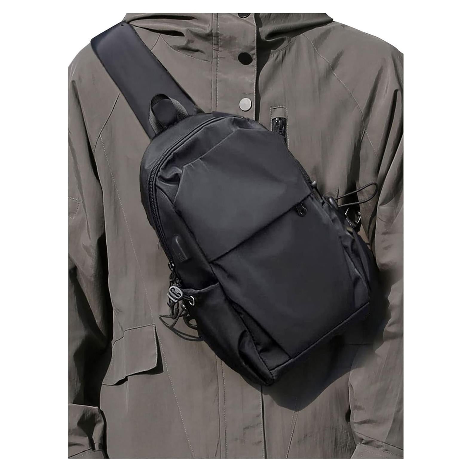 Small Black Sling Crossbody Backpack Shoulder Bag for Men Women, Lightweight One Strap Back Pack Sling Bag Backpack for Hiking Walking Biking Travel Cycling USB Charger Port-Nylon