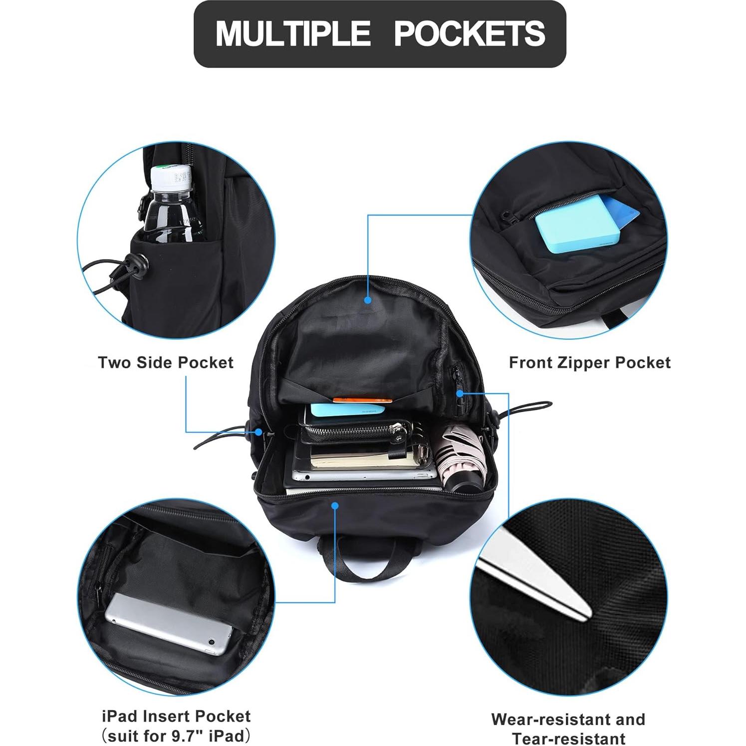 Small Black Sling Crossbody Backpack Shoulder Bag for Men Women, Lightweight One Strap Back Pack Sling Bag Backpack for Hiking Walking Biking Travel Cycling USB Charger Port-Nylon