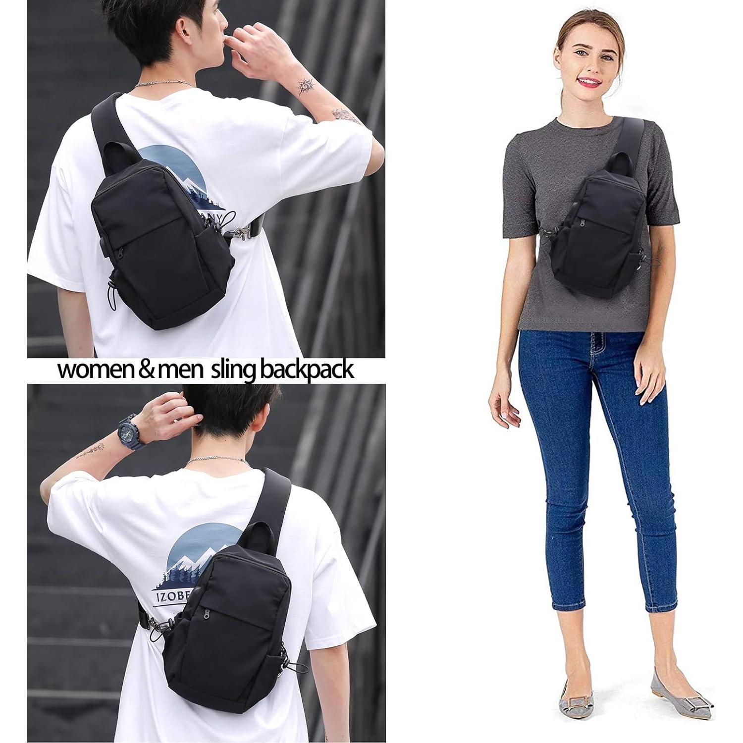 Small Black Sling Crossbody Backpack Shoulder Bag for Men Women, Lightweight One Strap Back Pack Sling Bag Backpack for Hiking Walking Biking Travel Cycling USB Charger Port-Nylon