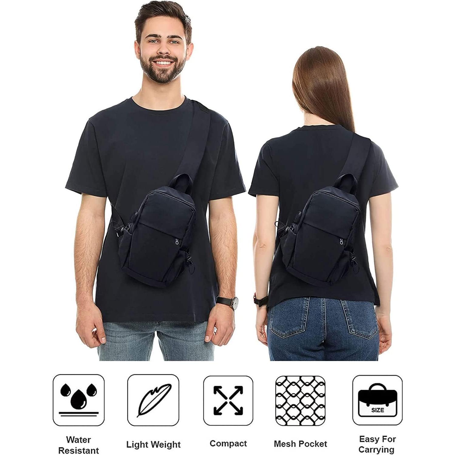 Small Black Sling Crossbody Backpack Shoulder Bag for Men Women, Lightweight One Strap Back Pack Sling Bag Backpack for Hiking Walking Biking Travel Cycling USB Charger Port-Nylon