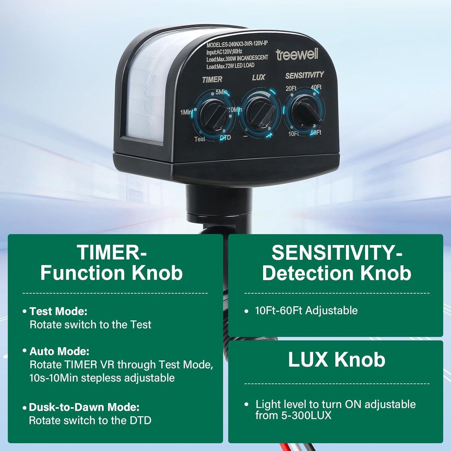Sensor de Movimiento Treewell 240° Negro, Alcance 18.3m, LUX Ajustable