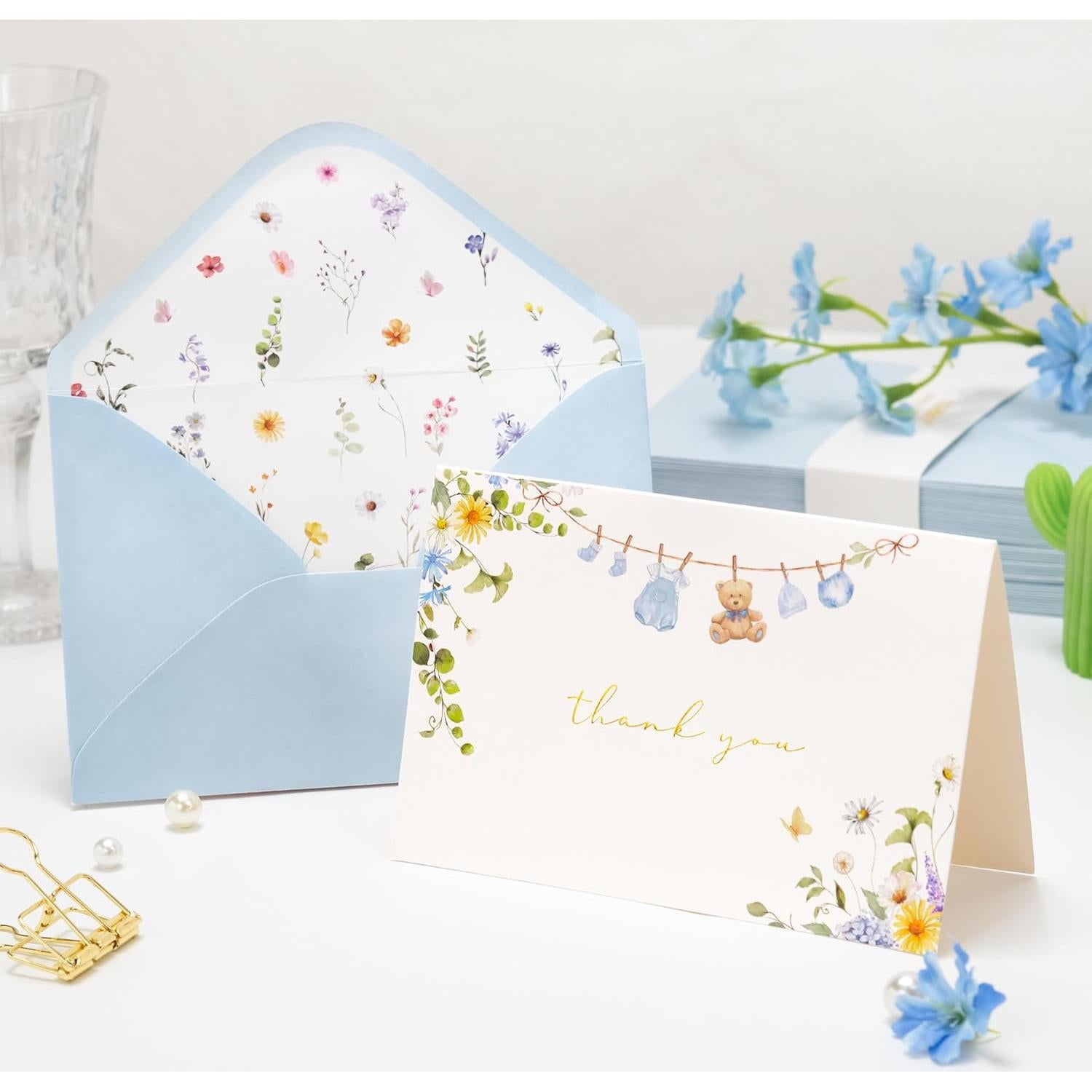 Tarjetas de Agradecimiento Crisky Baby Shower 25 Pzas Azul Dorado