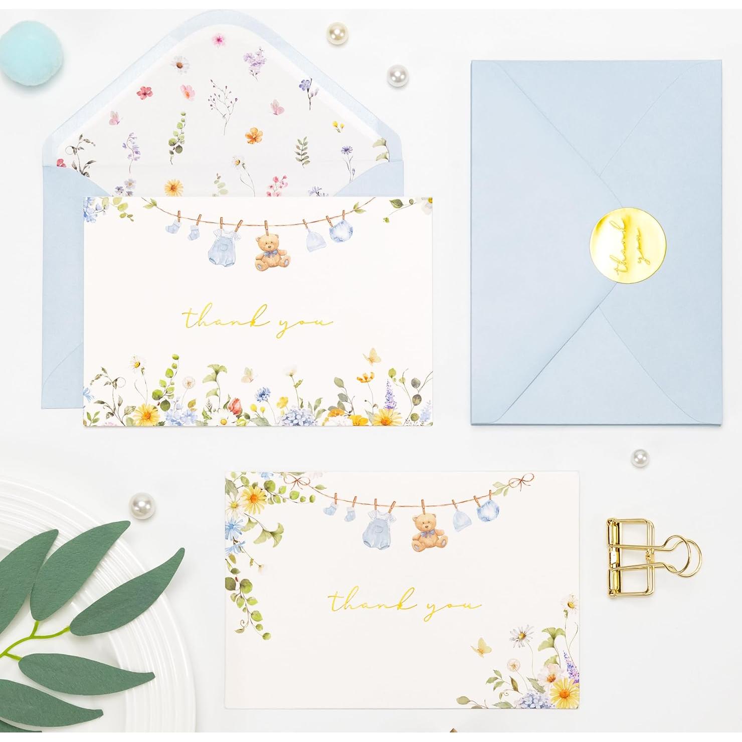 Tarjetas de Agradecimiento Crisky Baby Shower 25 Pzas Azul Dorado