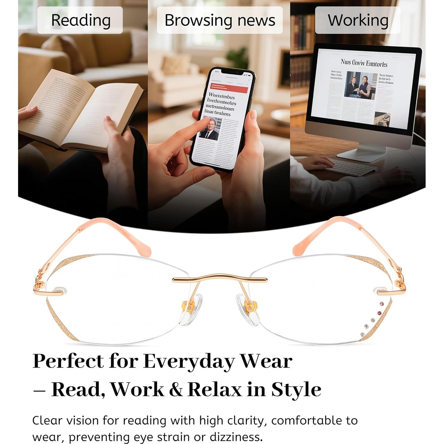 Gafas de lectura sin montura LUMIHA HD dorado rosa 1x
