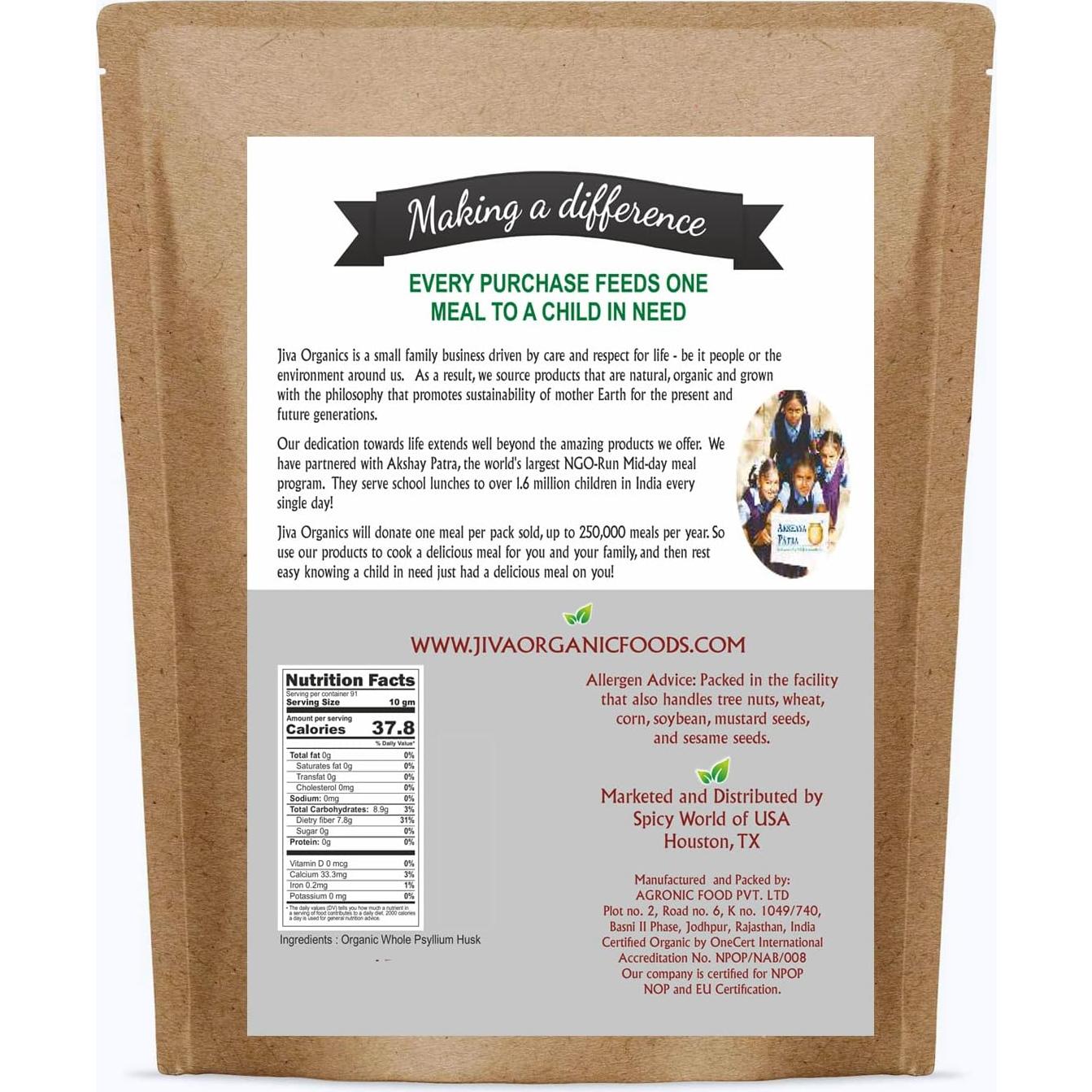 Psyllium Husk Entero Orgánico Jiva 800g - Sin OGM, Keto