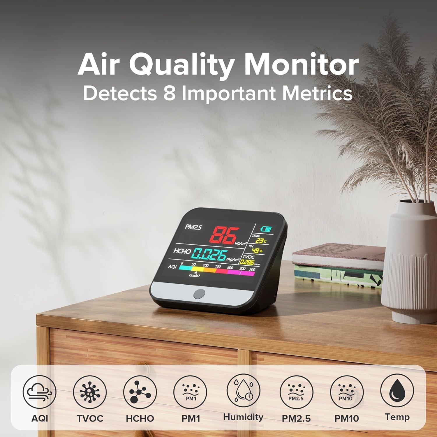 Xoopon 13 in 1 Air Quality Monitor Indoor Portable PM1|PM2.5|PM10|TVOC|Formaldehyde|Temp|Humidity and 6AQI Detector with Beep Alarm,Easy to Use,Highly Accurate Air Quality Tester for Home,Office