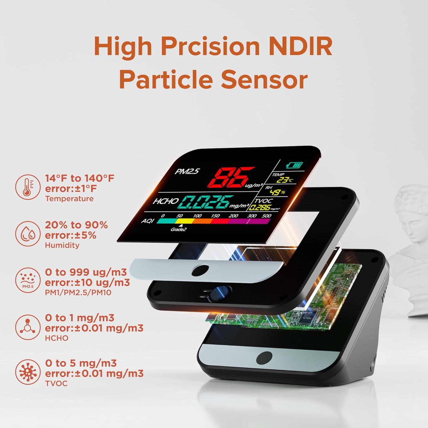 Xoopon 13 in 1 Air Quality Monitor Indoor Portable PM1|PM2.5|PM10|TVOC|Formaldehyde|Temp|Humidity and 6AQI Detector with Beep Alarm,Easy to Use,Highly Accurate Air Quality Tester for Home,Office