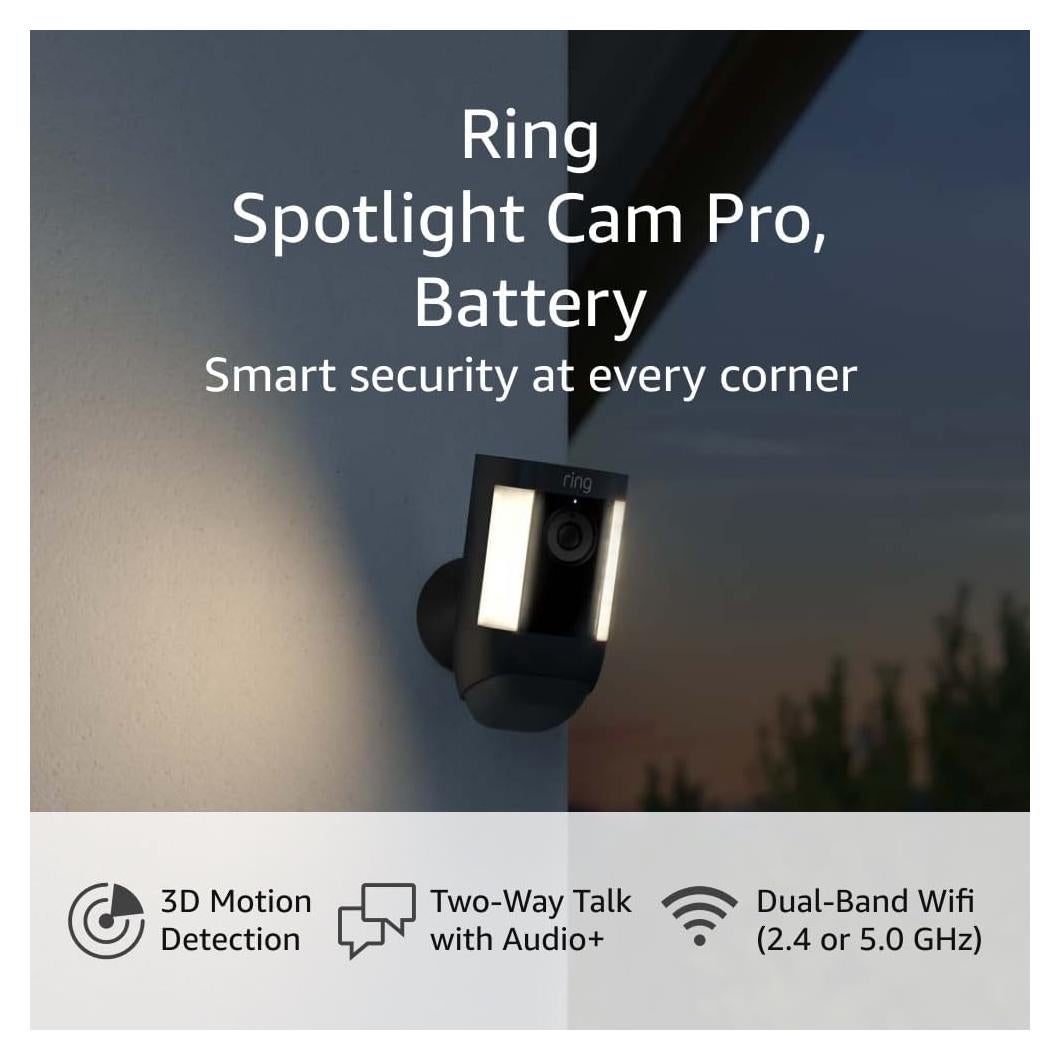 Like-New Ring Spotlight Cam Pro, Battery | 3D Motion Detection, Two-Way Talk with Audio+, and Dual-Band Wifi (2022 release) - Black