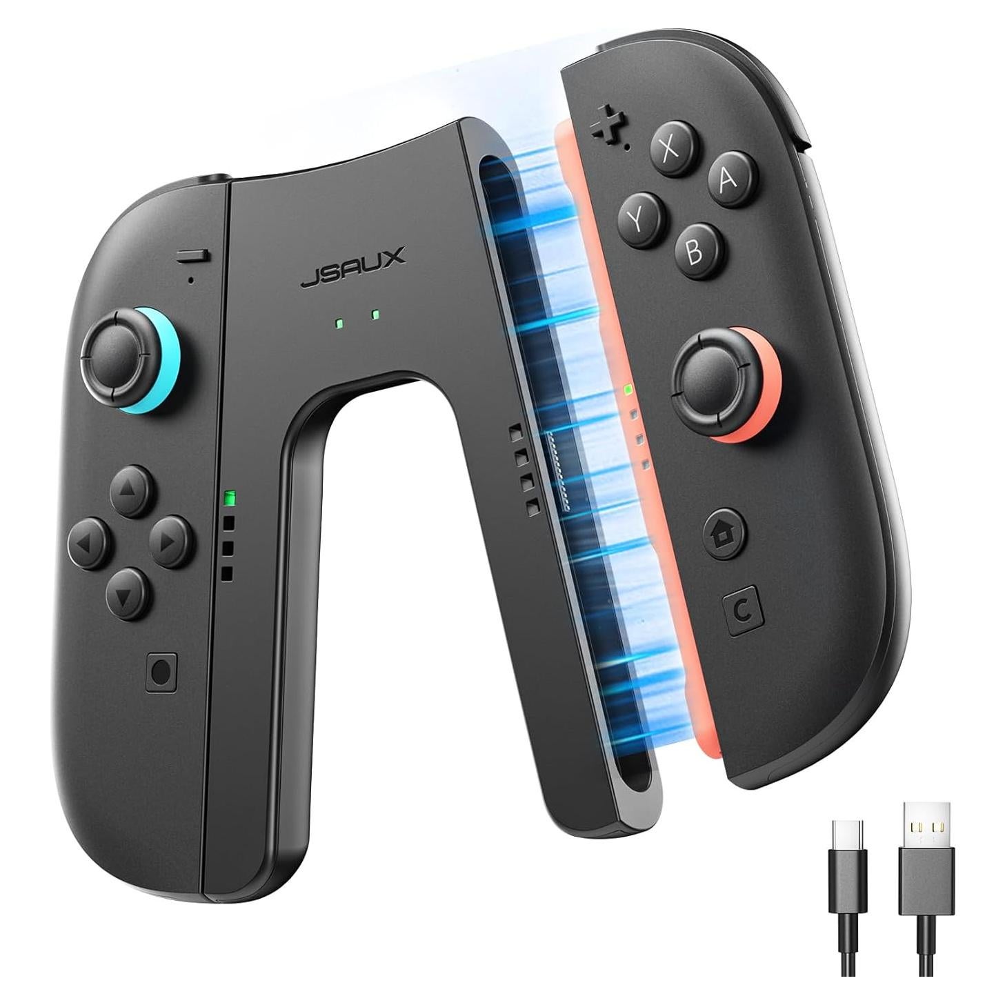 JSAUX Switch 2 Charging Grip for Nintendo Switch 2, Magnetic Grip Controller Compatible with Switch 2 Joycons, Play While Charging with LED Indicator& 1.5m/4.9ft Charger Cable-Black