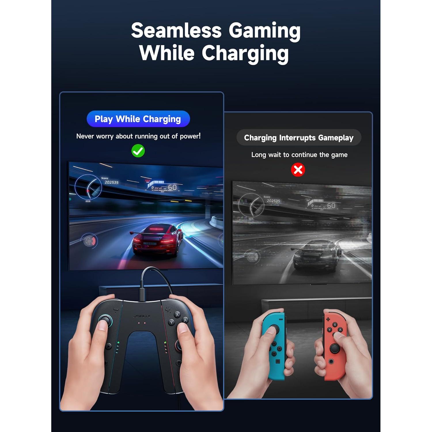 JSAUX Switch 2 Charging Grip for Nintendo Switch 2, Magnetic Grip Controller Compatible with Switch 2 Joycons, Play While Charging with LED Indicator& 1.5m/4.9ft Charger Cable-Black