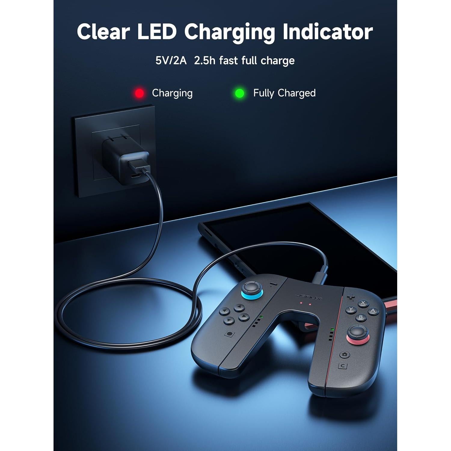 JSAUX Switch 2 Charging Grip for Nintendo Switch 2, Magnetic Grip Controller Compatible with Switch 2 Joycons, Play While Charging with LED Indicator& 1.5m/4.9ft Charger Cable-Black