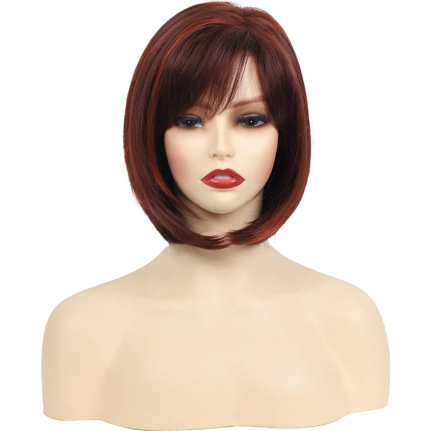 Peluca Bob Corto Burdeos con Mechas Rojas y Flequillo