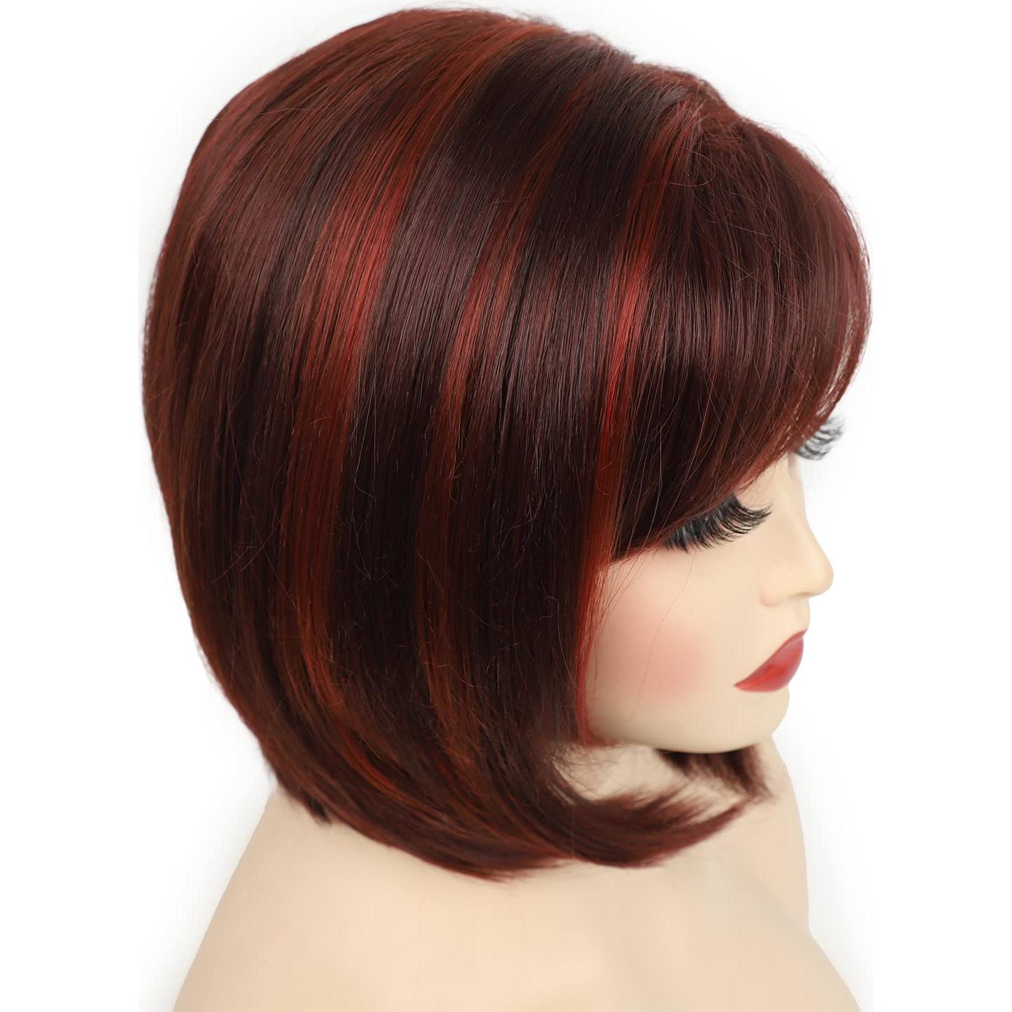 Peluca Bob Corto Burdeos con Mechas Rojas y Flequillo