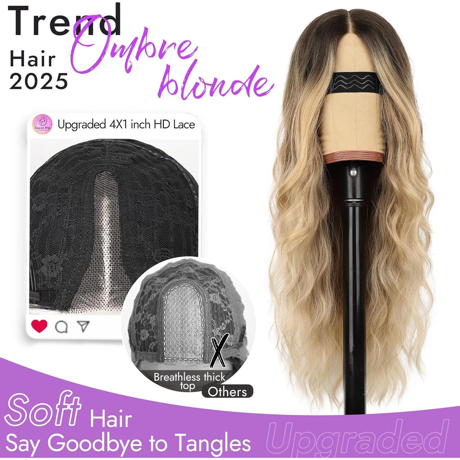 Peluca Ombre Rubia Eawwii Larga Ondulada 66 cm Sin Pegamento