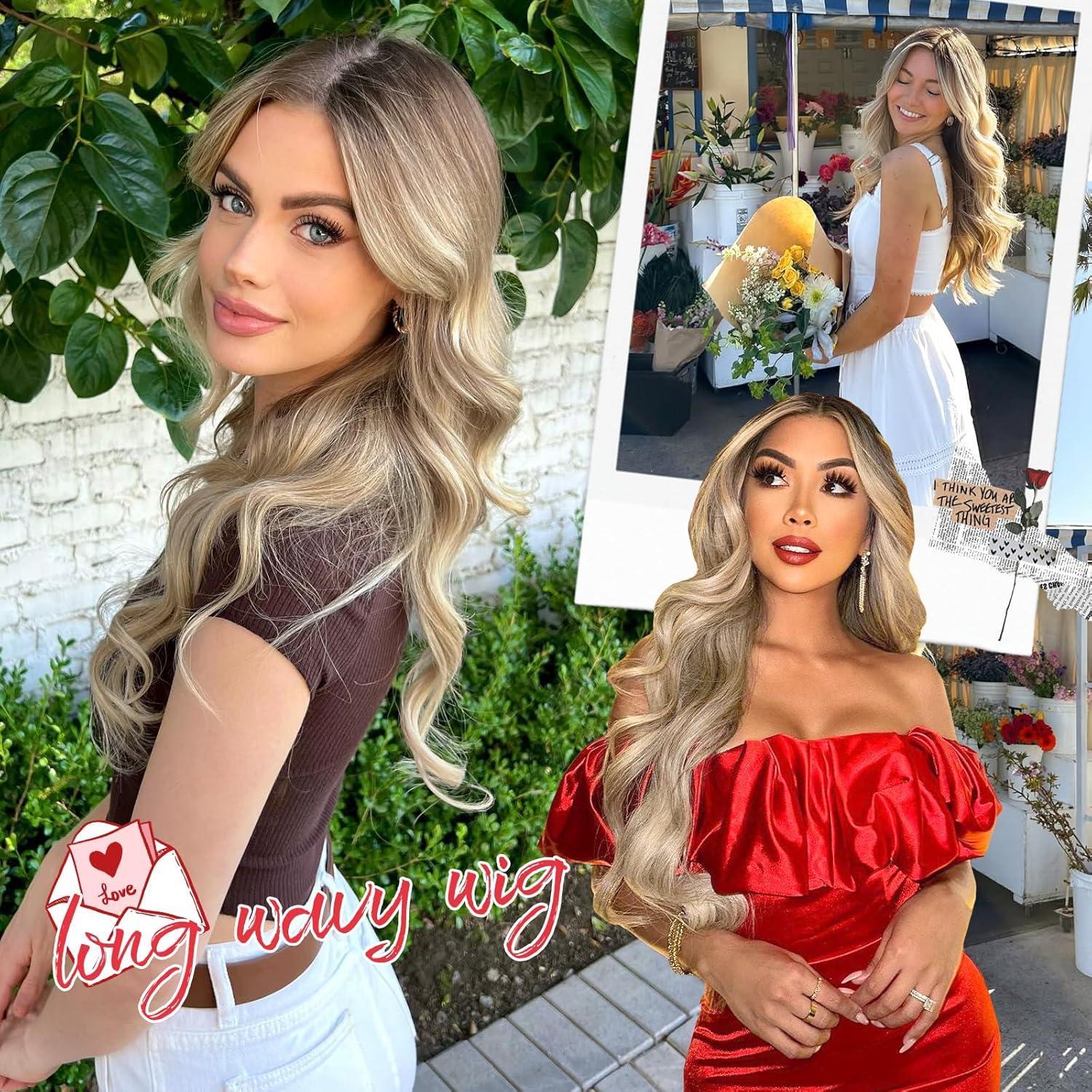 Peluca Ombre Rubia Eawwii Larga Ondulada 66 cm Sin Pegamento