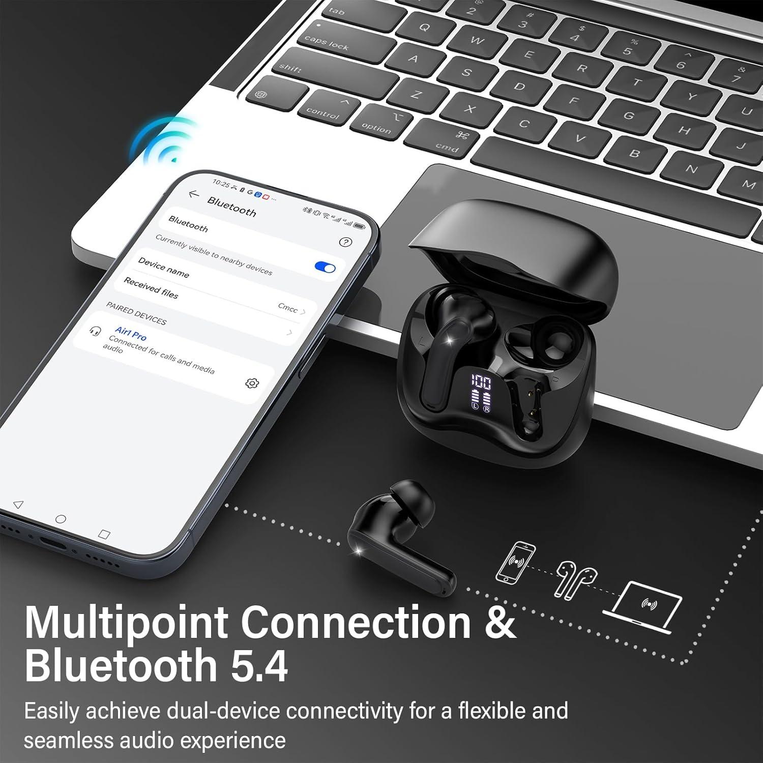 Adaptive Hybrid Active Noise Canceling Wireless Earbuds, 6 Mics ENC Clear Call Ear Buds, Hi-Res Audio Deep Bass Bluetooth 5.4 Headphones, 48H Playtime, Wireless Charging, Multipoint Connection, Black