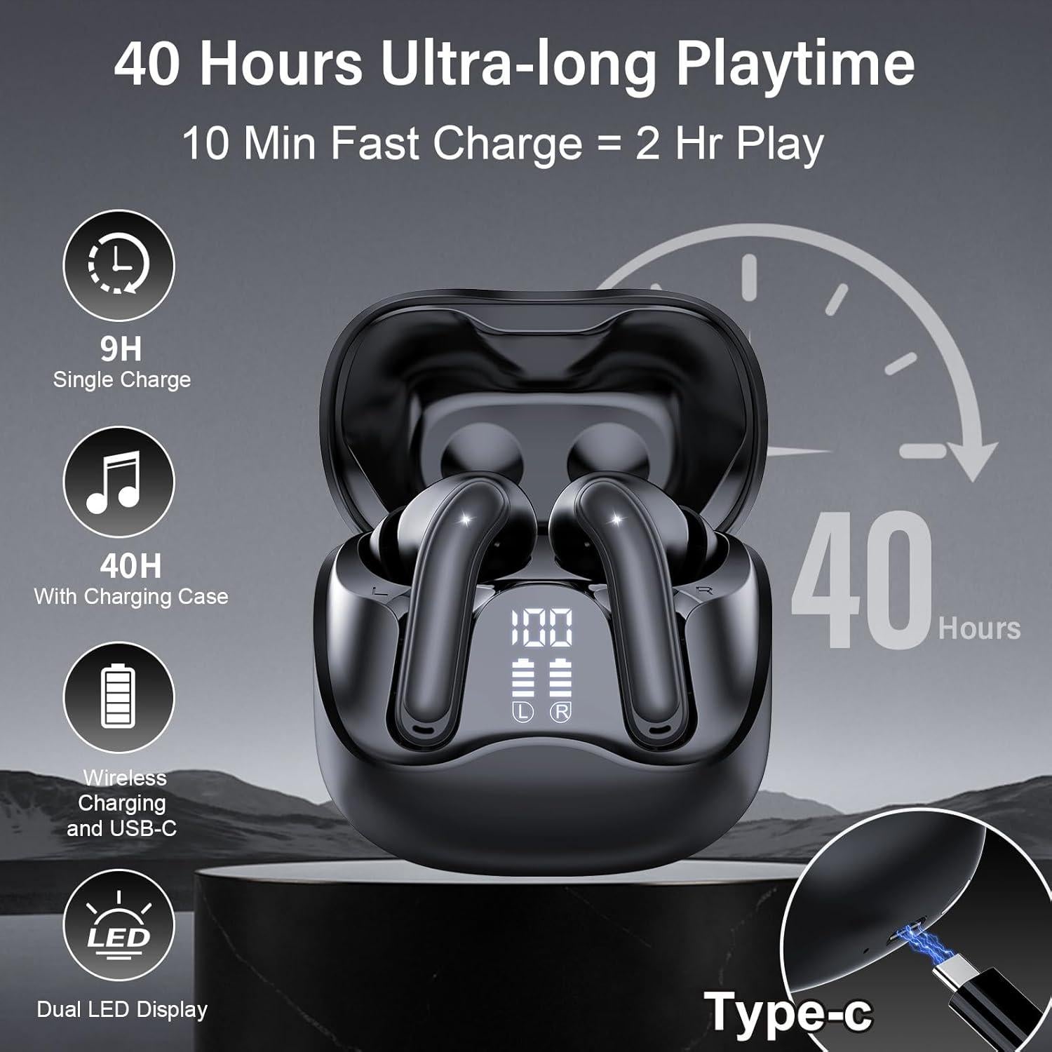 Adaptive Hybrid Active Noise Canceling Wireless Earbuds, 6 Mics ENC Clear Call Ear Buds, Hi-Res Audio Deep Bass Bluetooth 5.4 Headphones, 48H Playtime, Wireless Charging, Multipoint Connection, Black