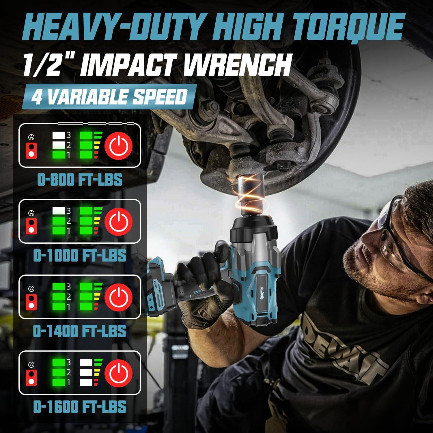 Llave de impacto inalámbrica XunDong 1/2" 2200N.m 1600 pies-libras