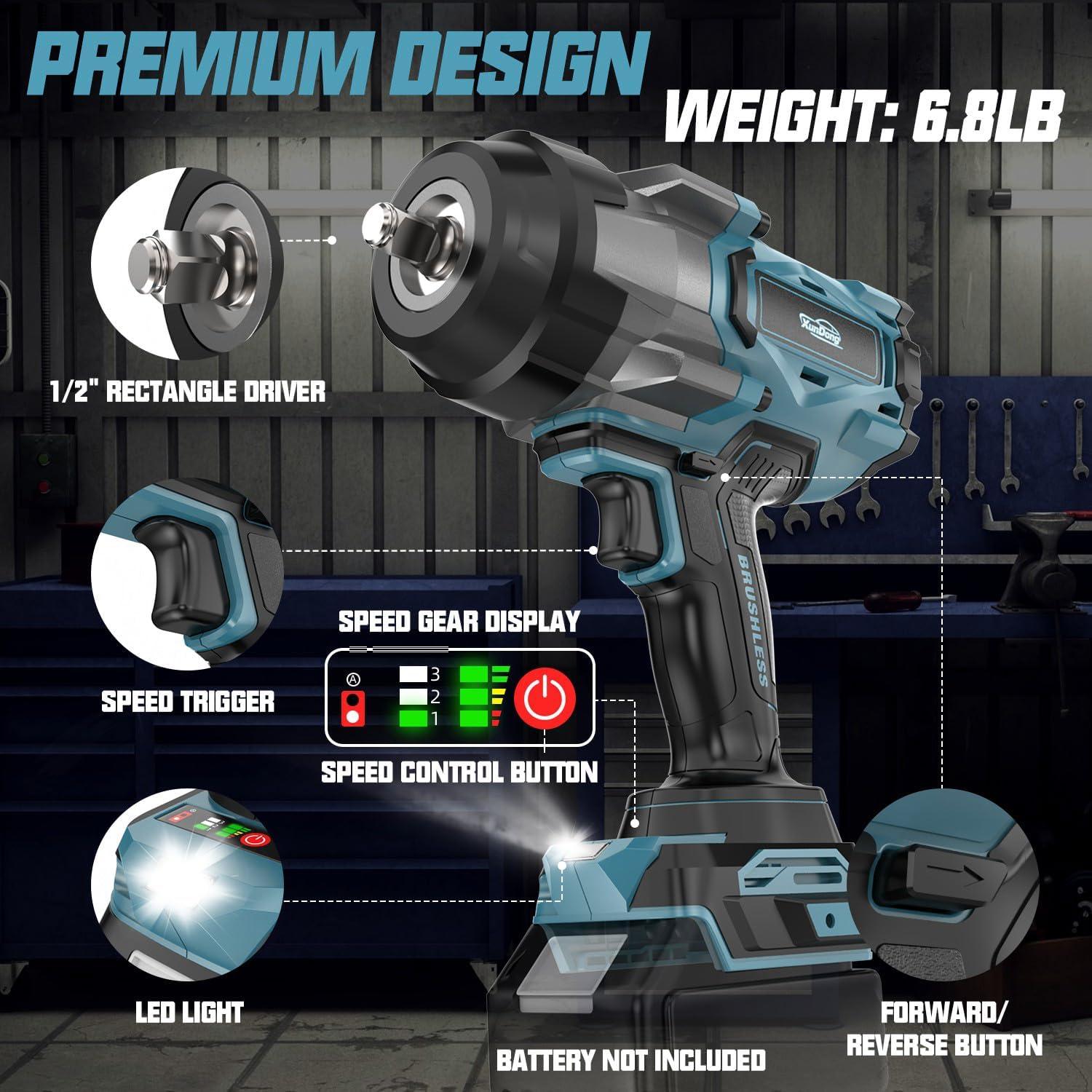 Llave de impacto inalámbrica XunDong 1/2" 2200N.m 1600 pies-libras