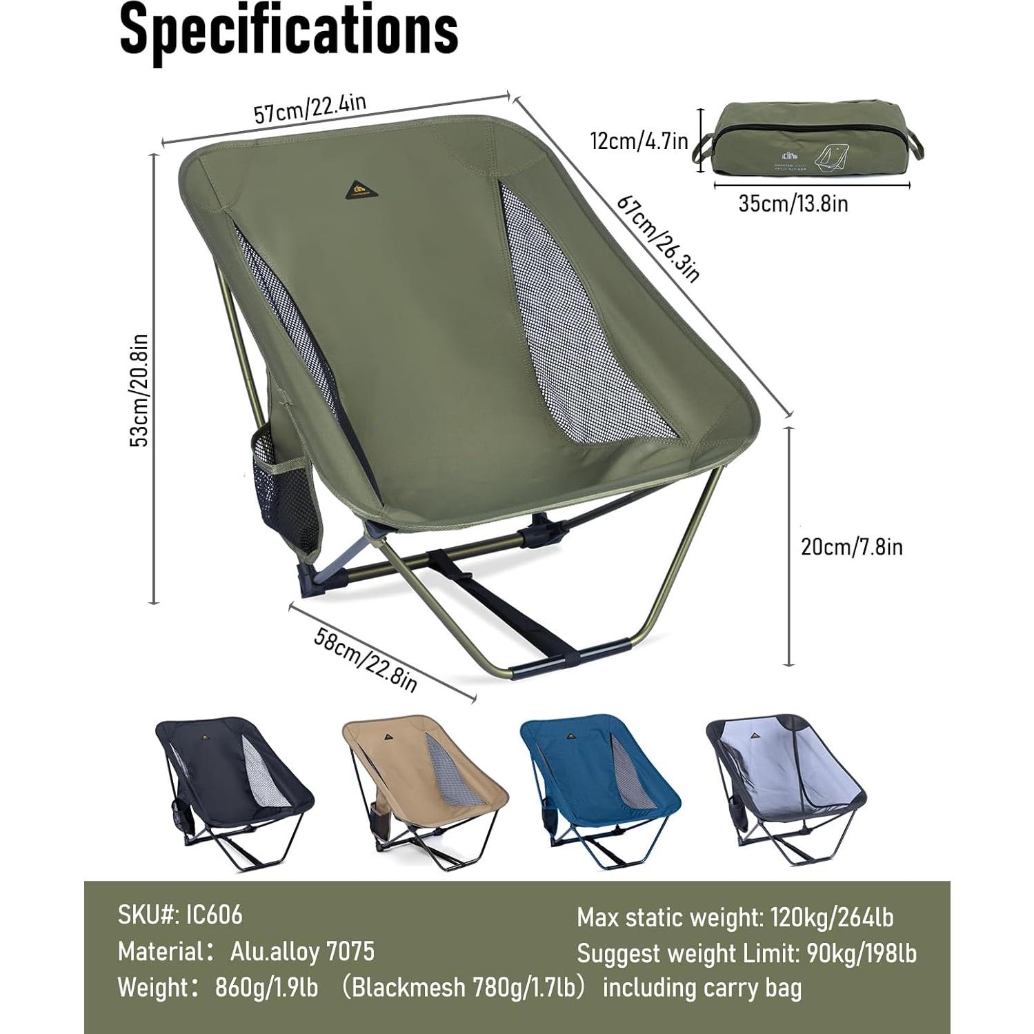 Silla de Camping Plegable iClimb Ultraligera Verde 0.86 kg