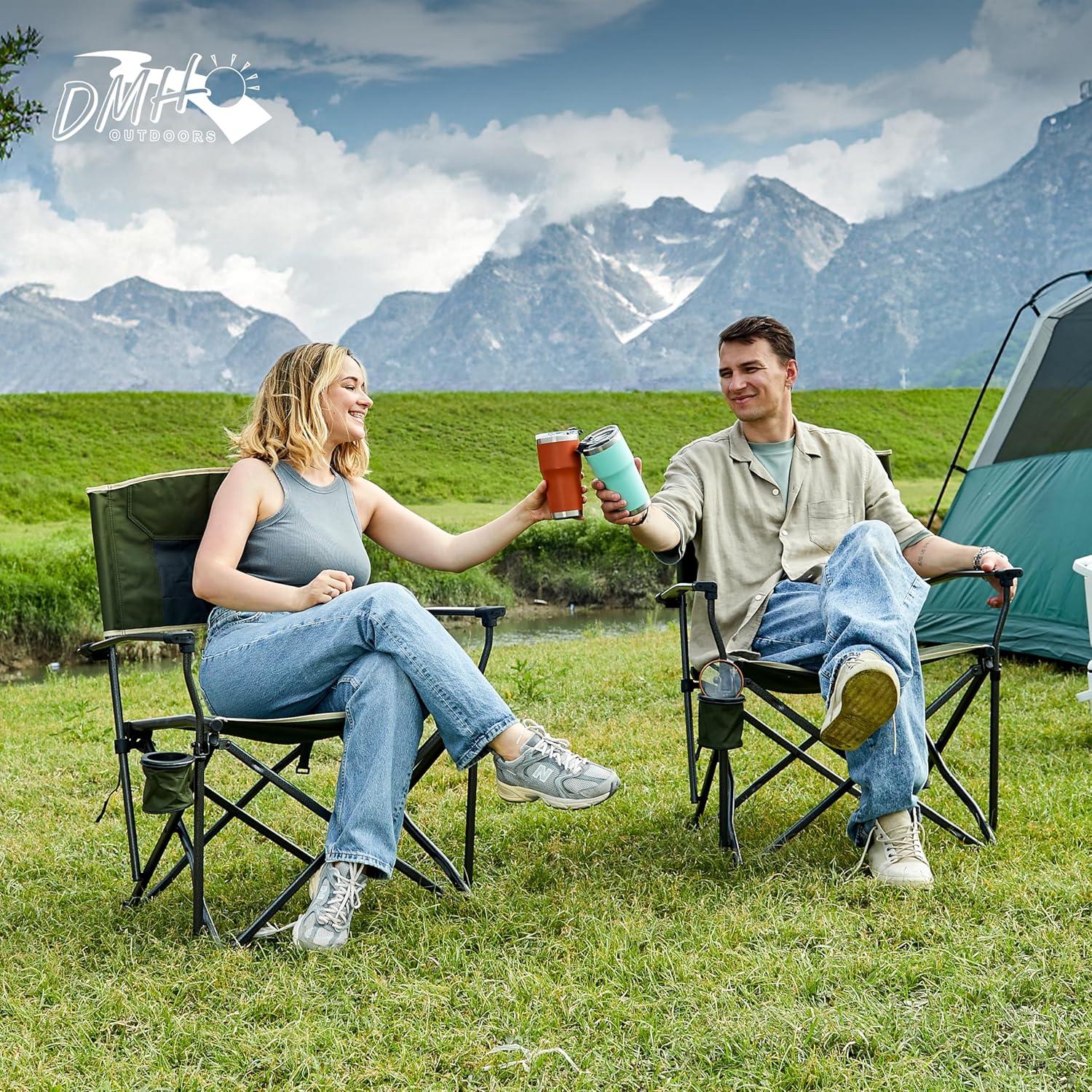 2PCS Oversized Folding Camping Chairs for Adults Heavy Duty Camp Chair Support 400 LBS Steel Frame Metal Arm Lawn Chairs with Swivel Cup Holder, Extra Large Outdoor Chairs Green