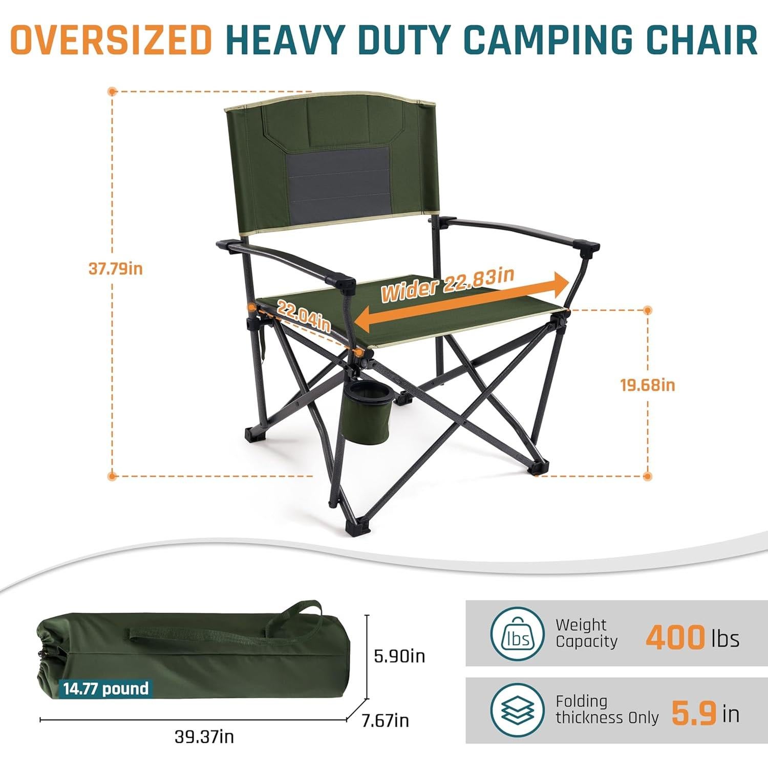 2PCS Oversized Folding Camping Chairs for Adults Heavy Duty Camp Chair Support 400 LBS Steel Frame Metal Arm Lawn Chairs with Swivel Cup Holder, Extra Large Outdoor Chairs Green