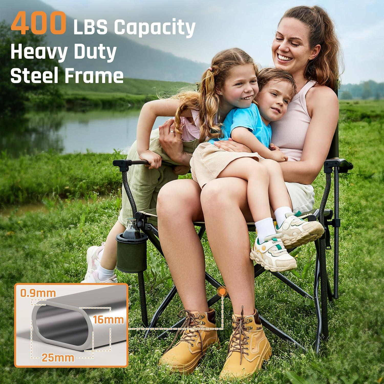 2PCS Oversized Folding Camping Chairs for Adults Heavy Duty Camp Chair Support 400 LBS Steel Frame Metal Arm Lawn Chairs with Swivel Cup Holder, Extra Large Outdoor Chairs Green